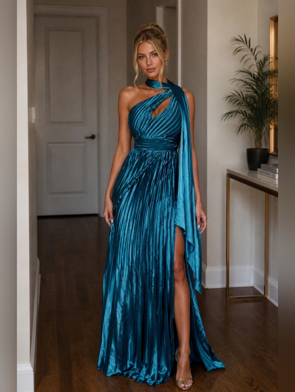 Fashion Nova Teal Satin Pleated Gown NWT Size M Long Formal Dress